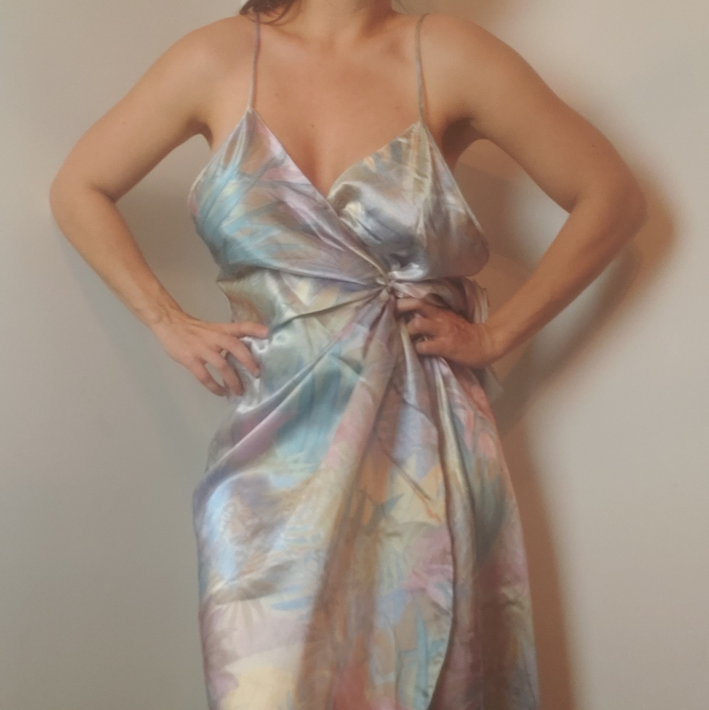 Vintage Liquid Satin Wrap V Neck Dress - Picture 9 of 16